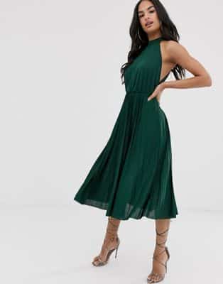 vestido falda plisada verde esmeralda