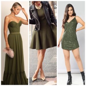 outfit para la noche con vestido verde oliva