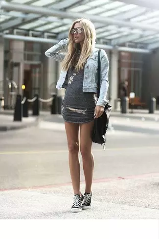 light blue denim jacket charcoal bodycon dress black and white low top sneakers large 25910